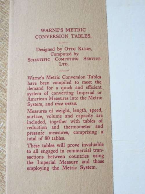 WARNE`S METRIC CONVERSION TABLES  A quick and efficient system of converting