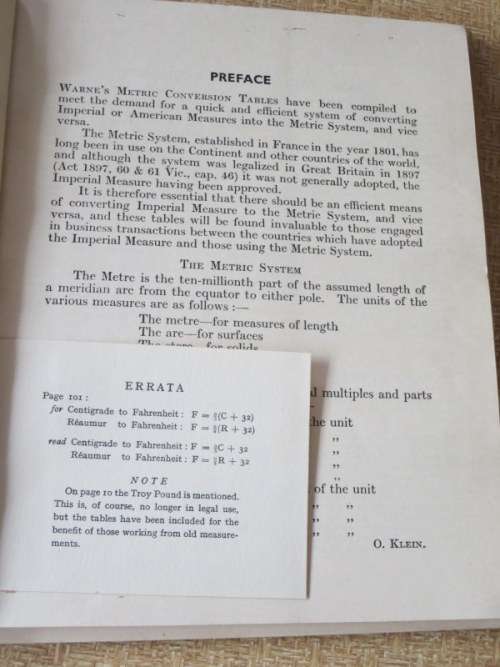 WARNE`S METRIC CONVERSION TABLES  A quick and efficient system of converting