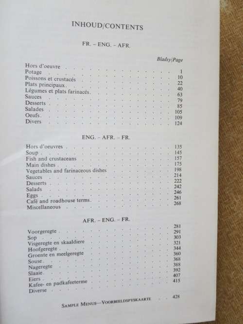 FEDHASA Spyskaartwoordeboek / Menu Dictionary  French-Eng-Afr, Eng-Afr-French, Afr-Eng-French