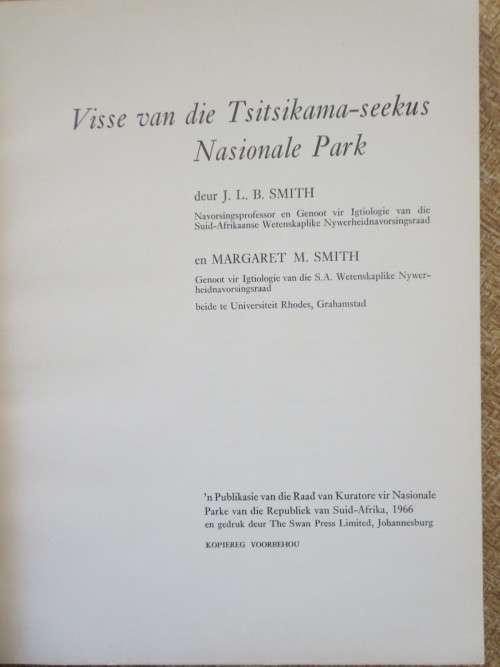VISSE VAN DIE TSITSIKAMA-SEEKUS NASIONALE PARK  deur prof. J L B Smith en M M Smith