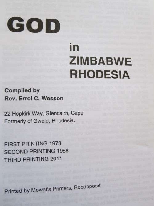 GOD IN ZIMBABWE RHODESIA  Compiled by Re. Errol C. Wesson  (RHODESIANA)