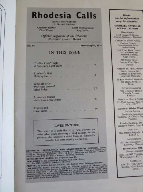 RHODESIA CALLS 2 Magazines: March-April 1975 & Sept- Oct 1974 (Rhodesia National Tourist Board)