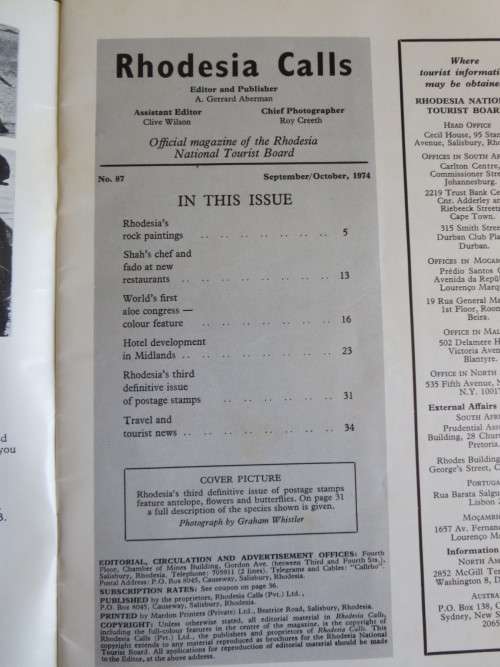 RHODESIA CALLS 2 Magazines: March-April 1975 & Sept- Oct 1974 (Rhodesia National Tourist Board)