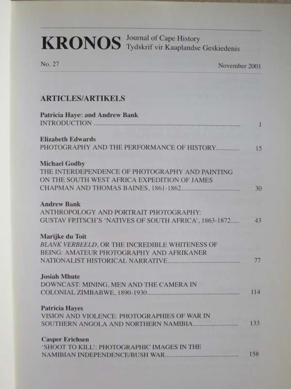 KRONOS: Visual History No 27 Journal of Cape History/Tydskrif van Kaaplandse Geskiedenis