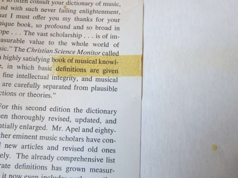 HARVARD DICTIONARY OF MUSIC  by Willi Apel  Second Edition, Revised and Enlarged