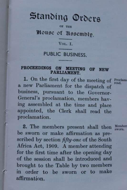 UNION OF SOUTH AFRICA. House of Assembly. Standing Orders. Vol 1. Public Business. 1957.