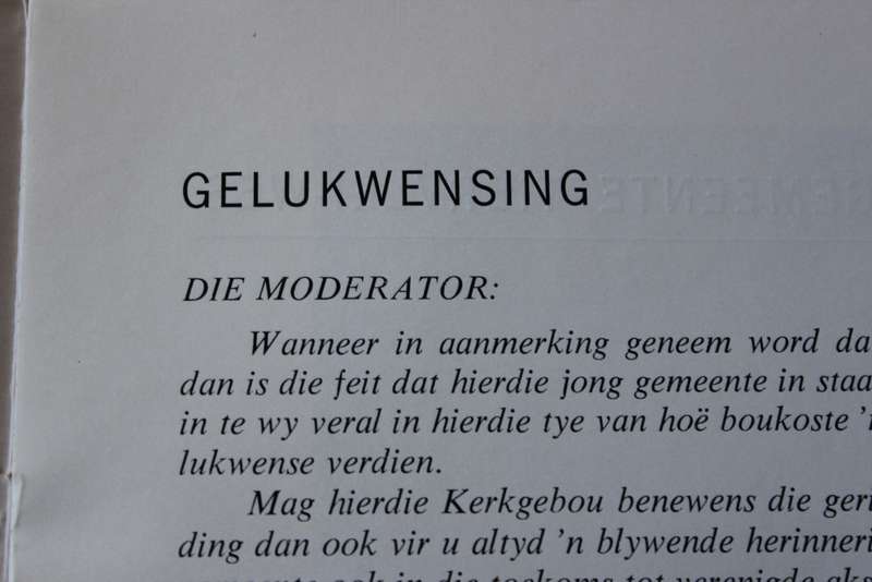 NEDERDUITSE GEREFORMEERDE GEMEENTE TIERVLEI-WES  Gedenkprogram 1965