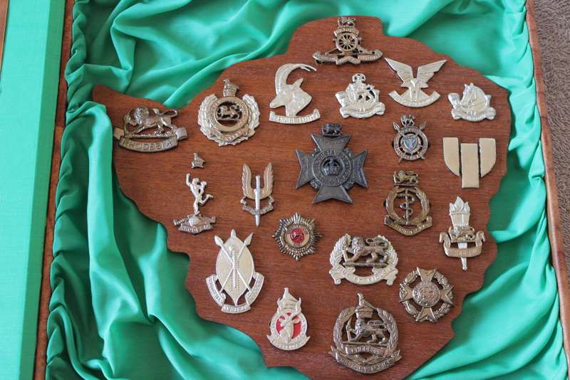 TWENTY RHODESIAN MILITARY BADGES MOUNTED IN SMART LEATHERLIKE BOX