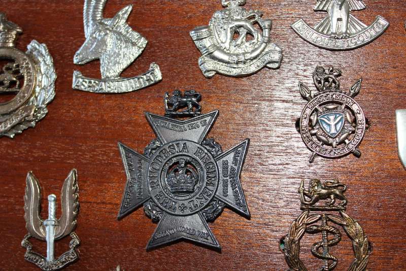 TWENTY RHODESIAN MILITARY BADGES MOUNTED IN SMART LEATHERLIKE BOX