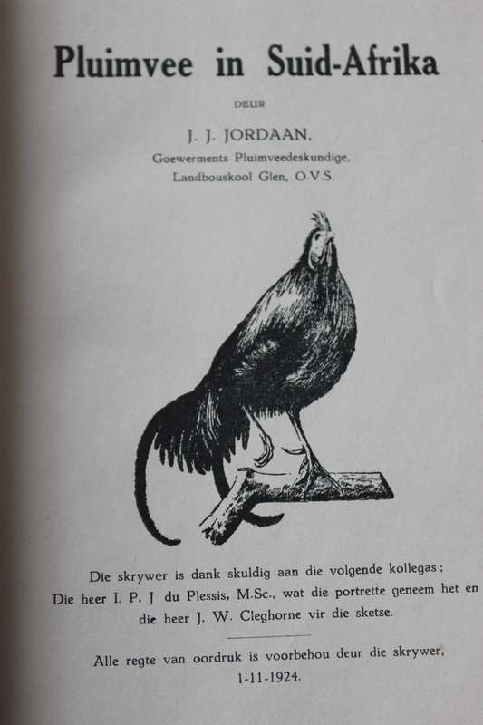PLUIMVEE IN SUID-AFRIKA deur J.J. Jordaan. Uitgegee 1924.   (P)