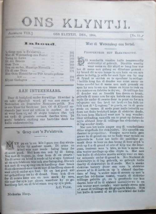ONS KLYNTJI Enigste Tydskrif in Afrikaans Agste Jaargang 1904