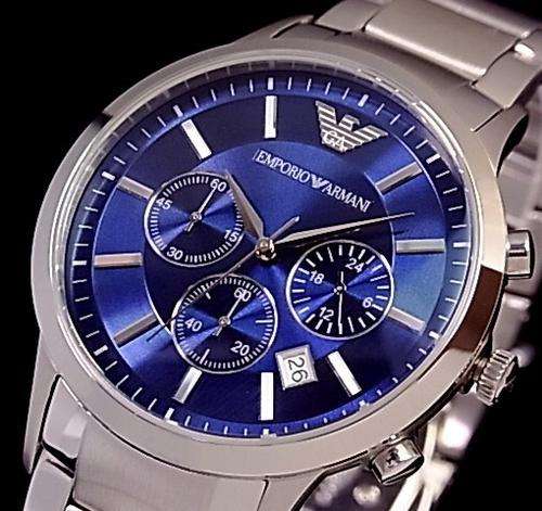 Emporio armani men watch chronograph navy clockface metal belt AR2448