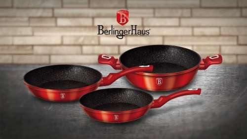 BERLINGER HAUS 3-PIECE MARBLE COATING COOKWARE SET - BURGUNDY METALLIC