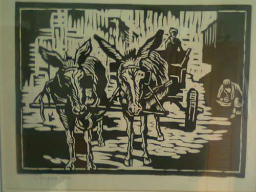 Gregoire Boonzaier Linocut Two Donkeys And Two Figures