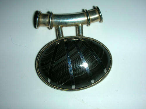 Oriental Style Sterling Silver and Black  Agate Pendant
