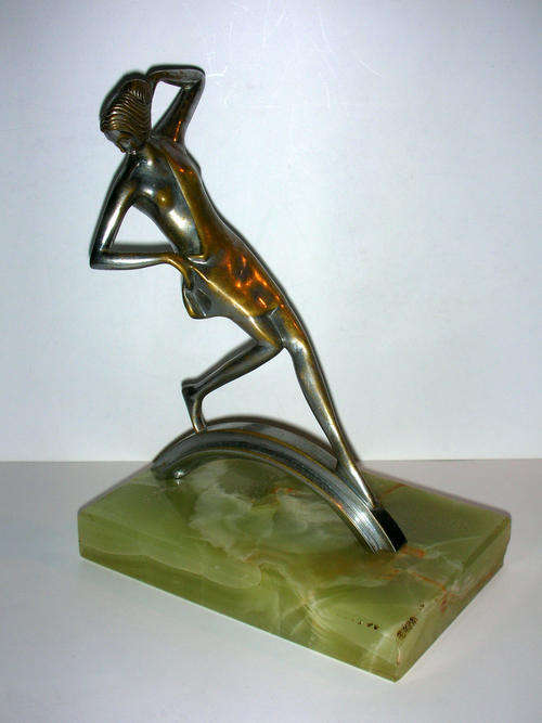 Art Deco Lorenzl Style Bookend Green Onyx Base