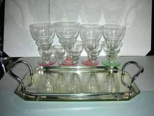 R1.00 START Art Deco Mirrored Cocktail Tray + 9 Deco Glasses