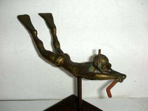1970's Bronze Underwater Hockey Statuette/Figurine - Teak Base