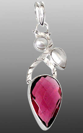STUNNING!!! EXOTIC FAUX RED TOURMALINE PEAR PEARL 925 STERLING SILVER ARTISAN PENDANT