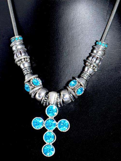 Fashion Jewelry:  Beautiful Necklace With Cross Pendant Aqua crystal beads and Metal Beads