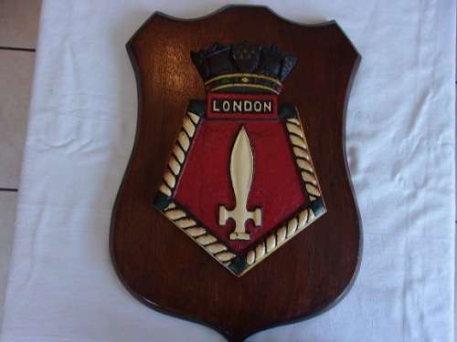 Large vintage cast iron and enamel HMS London naval frigate plaque