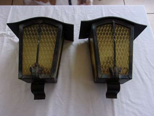 2 Vintage wall mounted wrought iron and glass wall mounted porch lights
