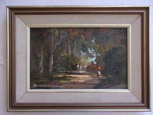 Lovely framed oil on board painting signed Andre Grobler - Forest Path