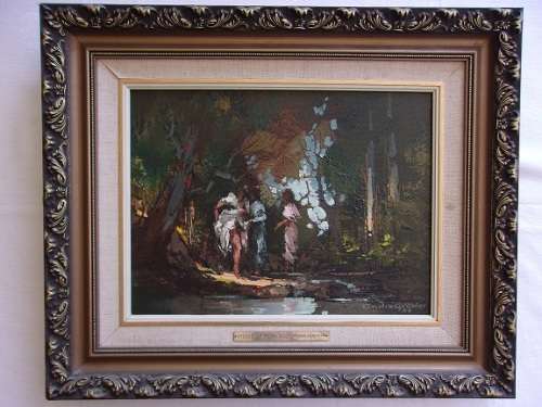 Lovely framed oil on board painting signed Andre Grobler - Picnic at Fern Pool