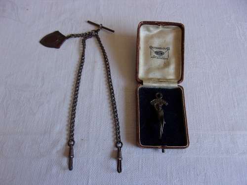 Antique copper pocket watch fob chain with Joan the Wad lucky charm