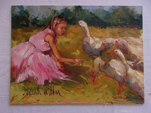 Lovely oil on canvas/ board painting by Antoinette van der Merwe - child feeding the geese