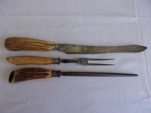 Antique Thomas Turner Encore carving set with stag horn handles
