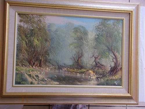 Lovely framed oil on board landscape painting signed Danie Van Niekerk - River through the Willows
