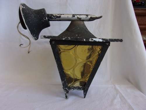 Vintage die-cast aluminium lantern shaped outside light with amber glass