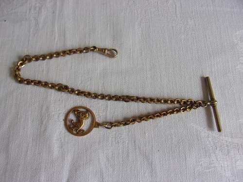 Antique gold plated pocket watch fob chain with fob medal and  lobster clasp