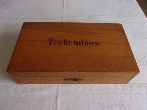 Vintage Dutch solid wood "Teekendoos" filled with vintage stationary items