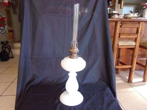 Beautiful vintage Kosmos Brenner kerosene milk glass lamp with flue