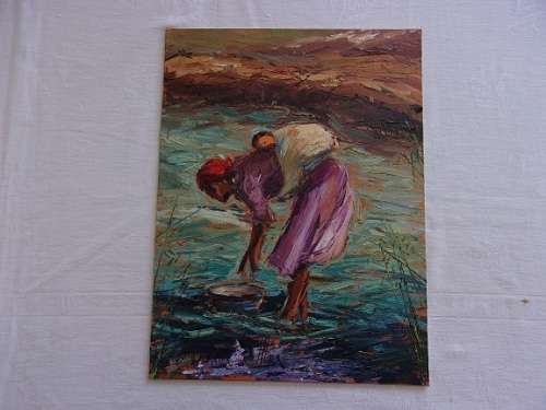 Lovely oil on canvas/ board painting by Antoinette van der Merwe - clothes washing in the river