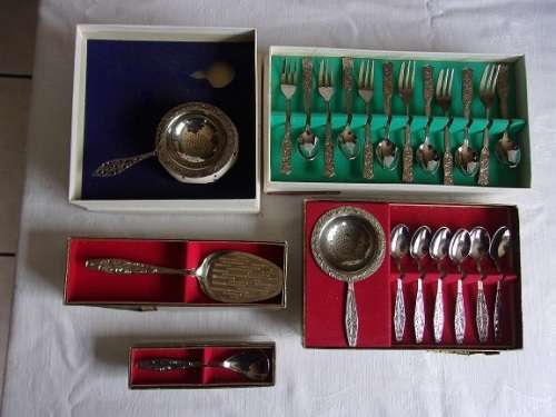 5 Vintage boxed sets of Royal Dutch Silverworks Novalux chrome plated items for 1 bid
