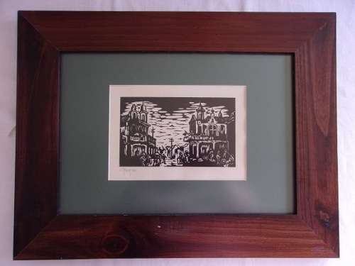 Framed Gregoire Boonzaier (1909-2005) linocut signed in pencil - Street scene District Six