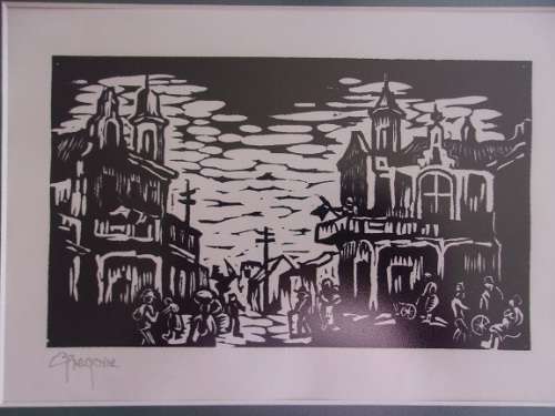 Framed Gregoire Boonzaier (1909-2005) linocut signed in pencil - Street scene District Six