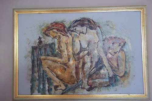Framed modern expressionist oil on board painting by Calvin Burnett (1921-2007) - 3 nude ladies
