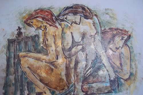 Framed modern expressionist oil on board painting by Calvin Burnett (1921-2007) - 3 nude ladies