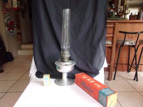 Vintage aluminium Aladdin 21c kerosene table lamp with flue and new wick