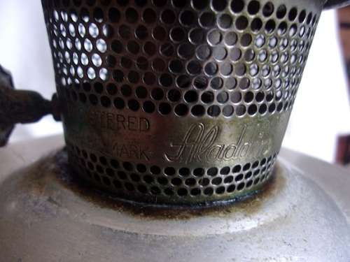 Vintage aluminium Aladdin 21c kerosene table lamp with flue and new wick