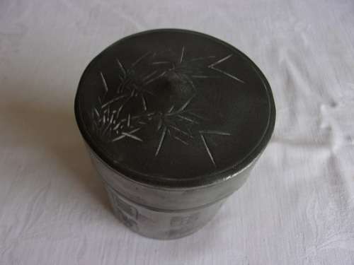 Rare antique Chinese Kut Hing Swatow pewter hand carved tea caddy