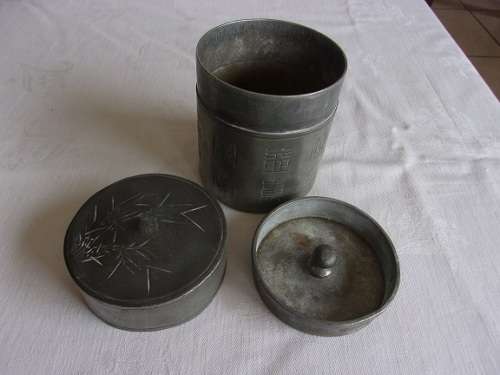 Rare antique Chinese Kut Hing Swatow pewter hand carved tea caddy