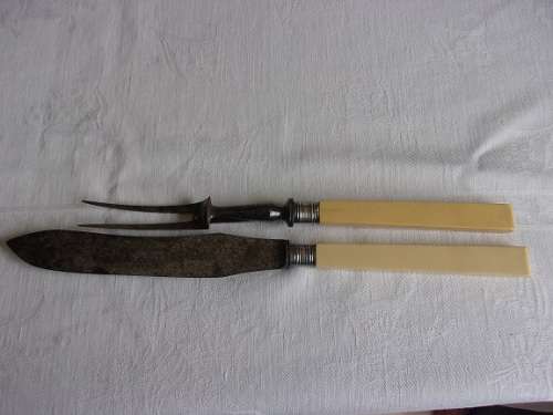 Antique bone handle carving knife & fork with Sterling silver collars