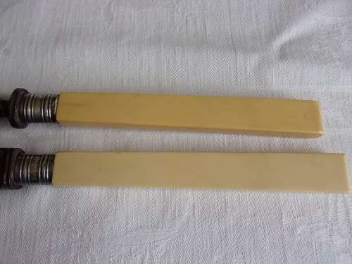 Antique bone handle carving knife & fork with Sterling silver collars