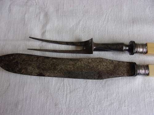 Antique bone handle carving knife & fork with Sterling silver collars