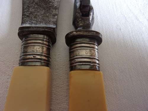 Antique bone handle carving knife & fork with Sterling silver collars